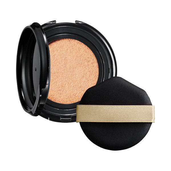 Maquillage Dramatic Essence Cushion Glow foundation in an open compact with a black and gold applicator puff. Provides a radiant, lightweight finish.