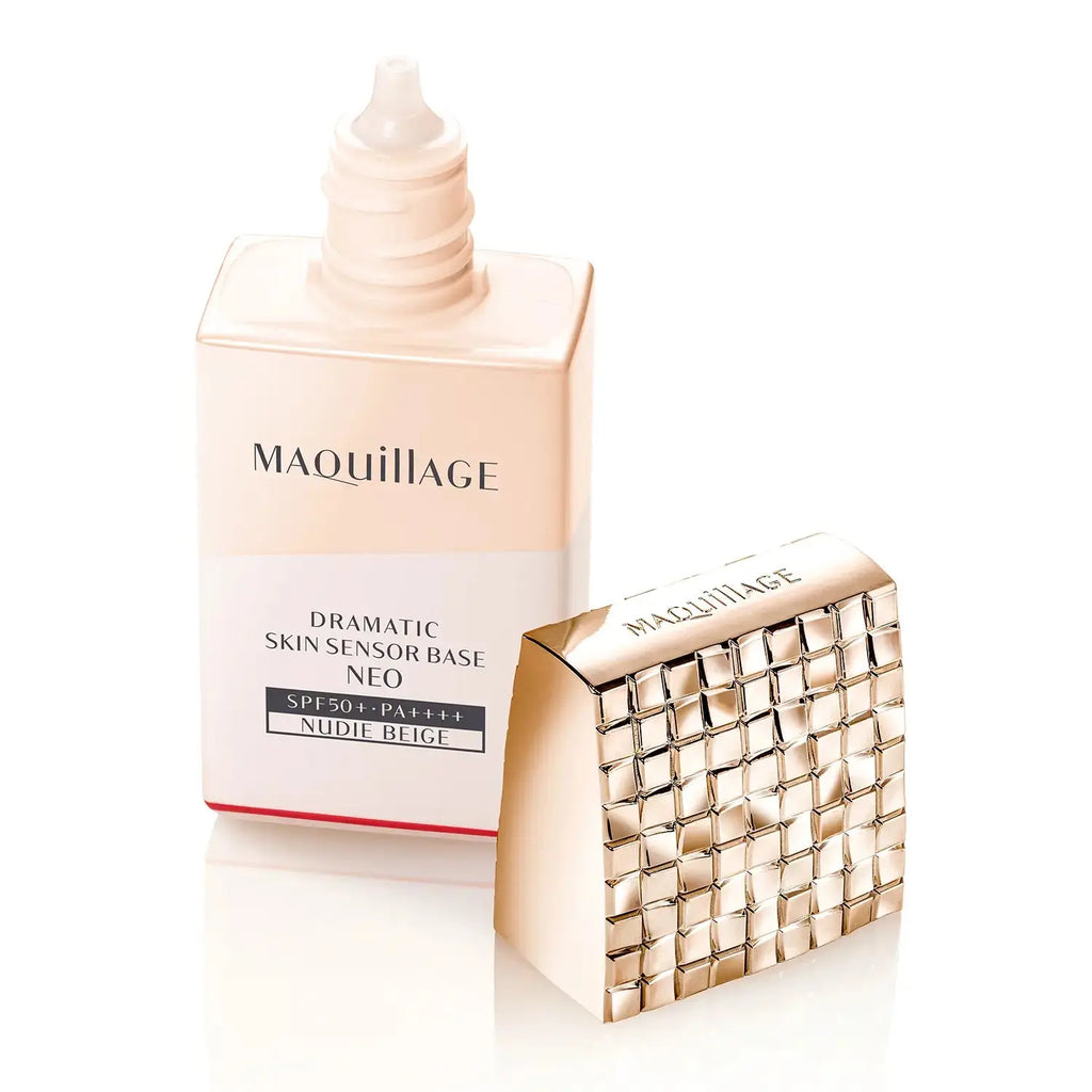 Maquillage Dramatic Skin Sensor Base NEO Nude Beige, SPF50+, 25ml, with open cap and precise applicator for effortless and even application.
