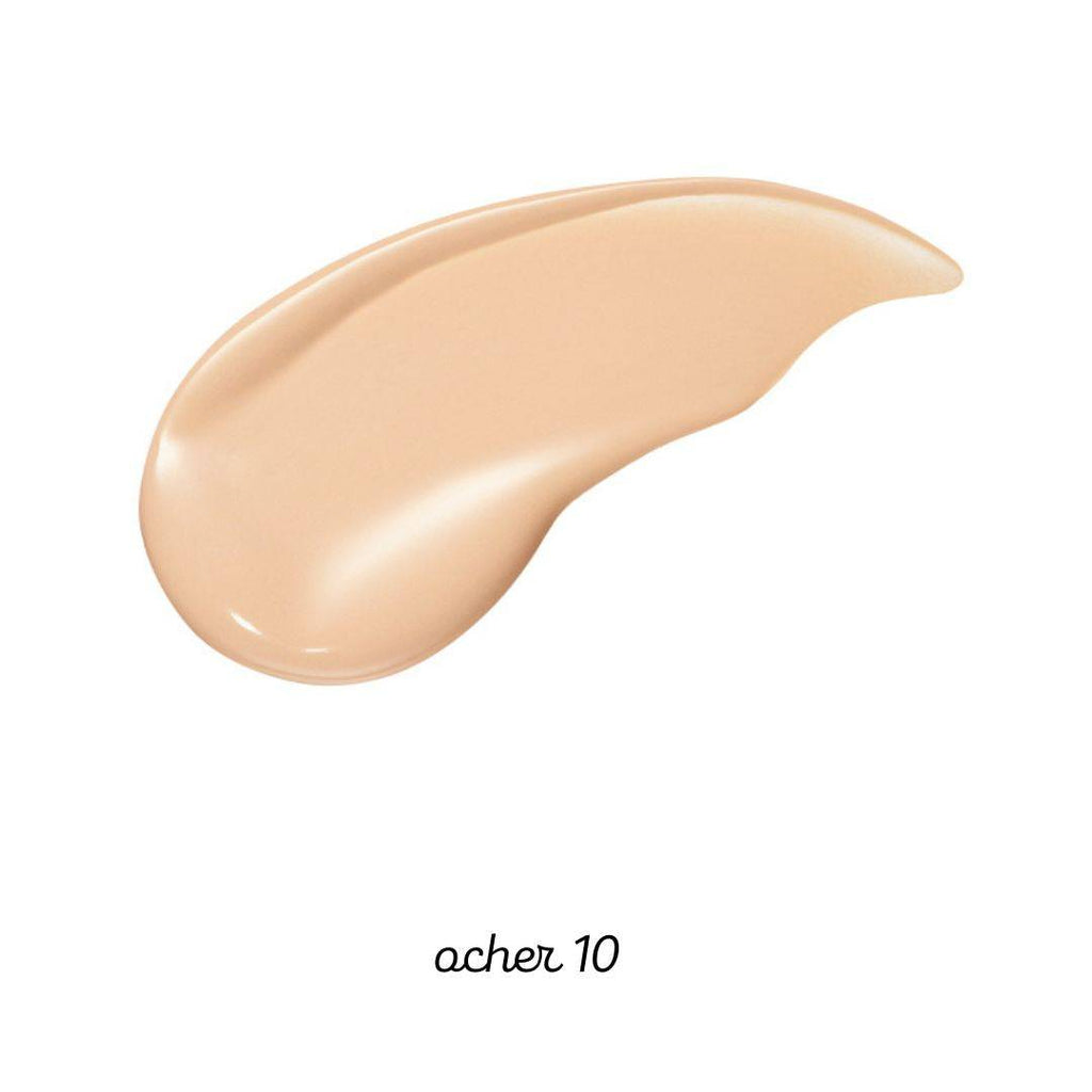 Swatch of Maquillage Essence Liquid EX foundation in shade Ocher 10. A lightweight, poreless serum foundation for a smooth, radiant finish.
