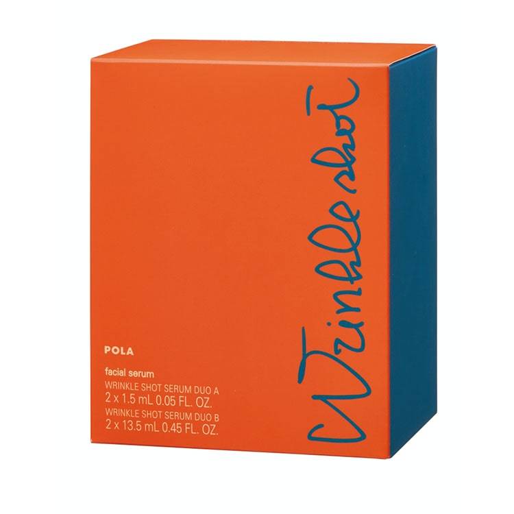 Pola Wrinkle Shot Anti-Aging Set packaging in vibrant orange with blue text, containing a medical serum duo for wrinkle improvement.