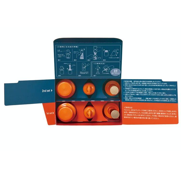 Open Pola Wrinkle Shot Anti-Aging Set displaying neatly arranged serum bottles and instructional guide for effective wrinkle care.