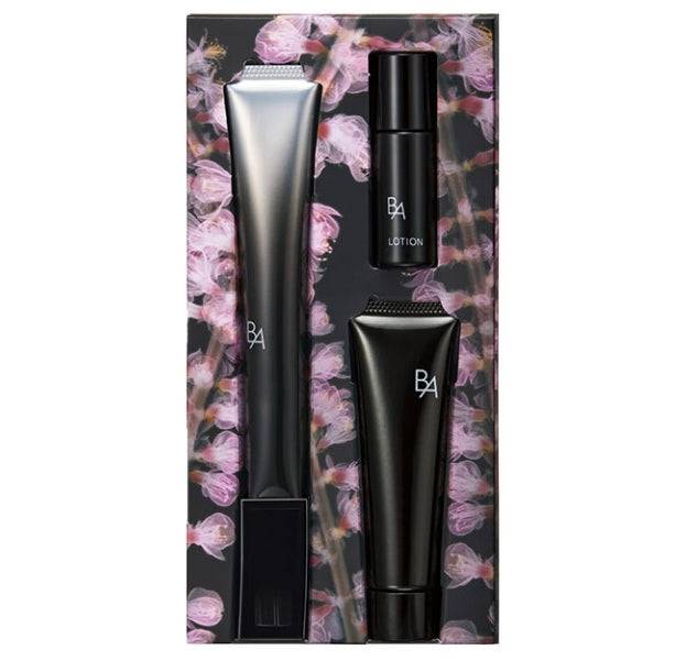 Contents of Pola B.A Eye Zone Cream Special Box N, including eye cream, facial wash, and lotion displayed on a floral-patterned background.