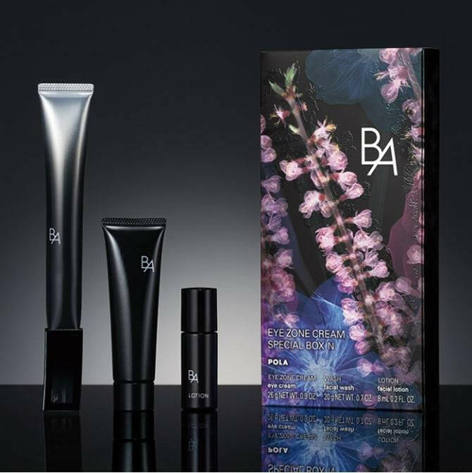 Pola B.A Eye Zone Cream Special Box N featuring an eye cream tube, facial wash, and lotion against a floral-themed box design.