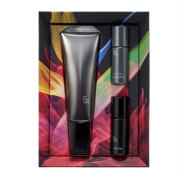 Pola B.A Light Selector skincare set featuring SPF50+ sunscreen, B.A Eye Zone Cream, Lotion N, and Lotion Immerse in a vibrant, artistic gift box.