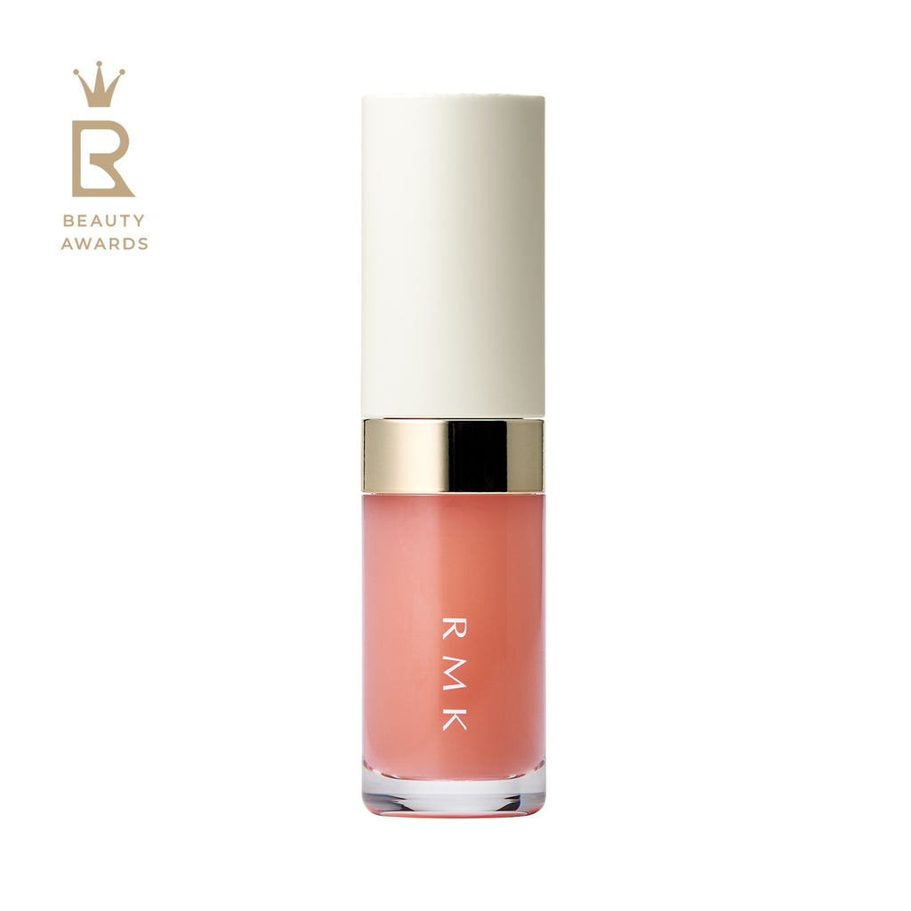 RMK Lip Luminizer 3.6g in coral peach shade 01, featuring a sleek white and gold cap with a clear tube showcasing the lip gloss.