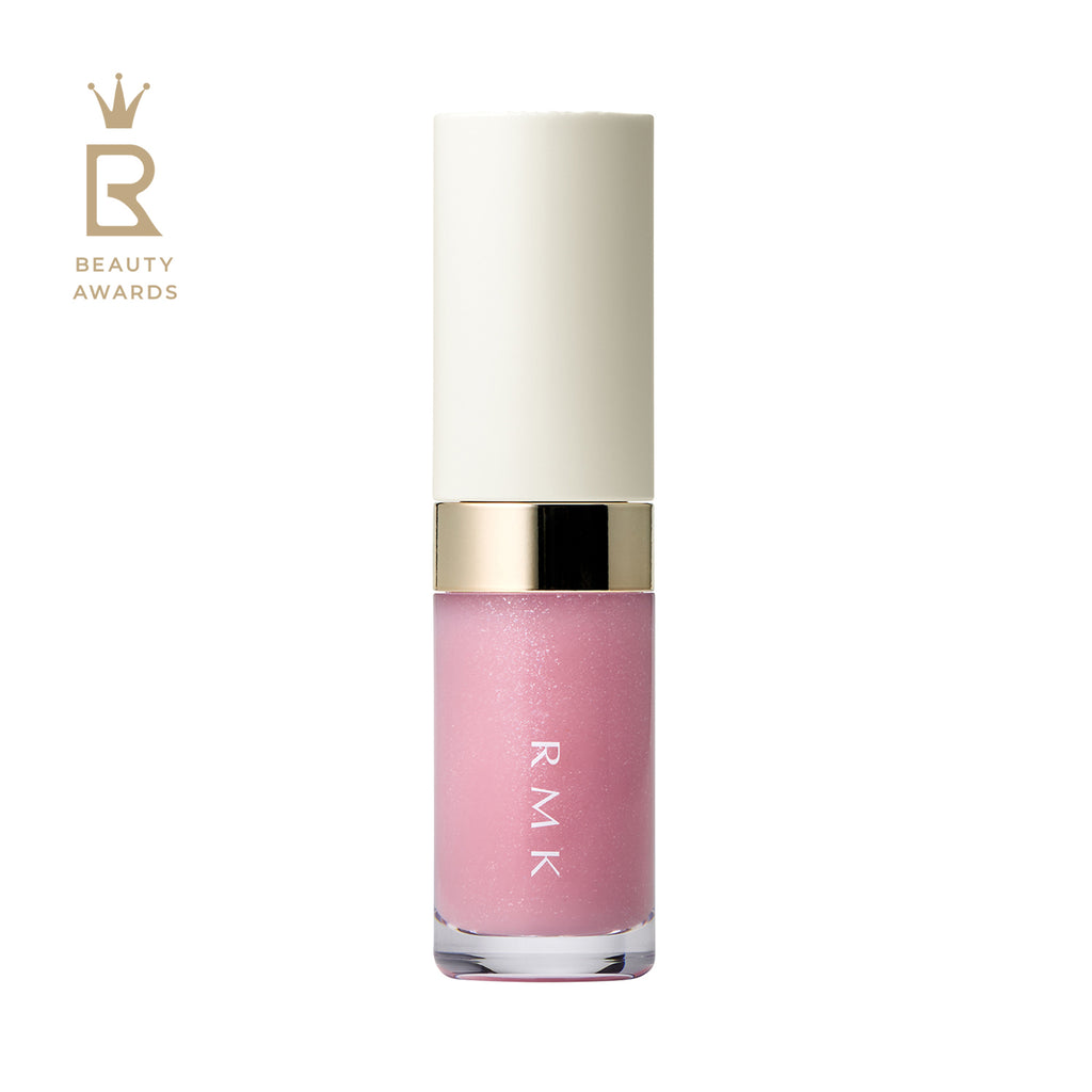 RMK Lip Luminizer 3.6g in pink lilac shade 02, designed with a white and gold cap and a clear tube displaying the product.