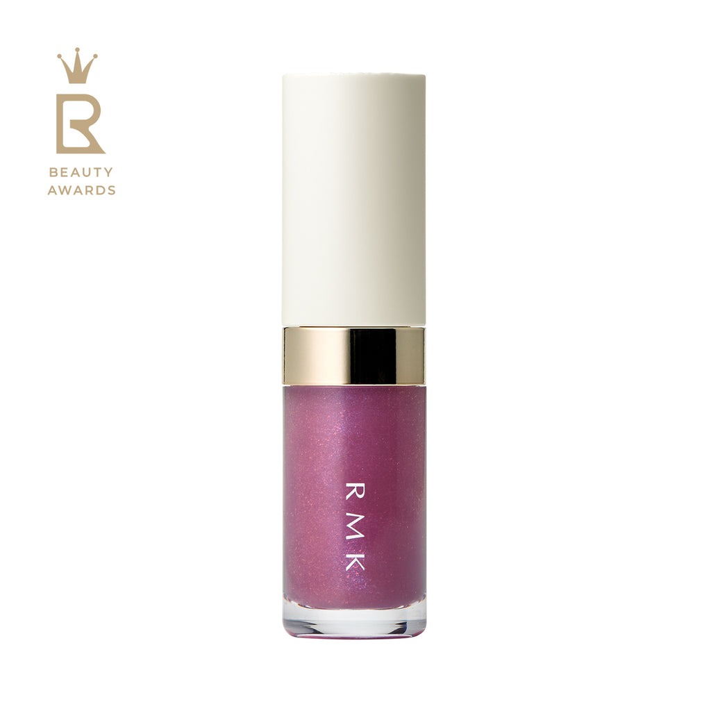 RMK Lip Luminizer 3.6g in deep purple shade 05, designed with a white and gold cap and a clear tube displaying the vibrant gloss.