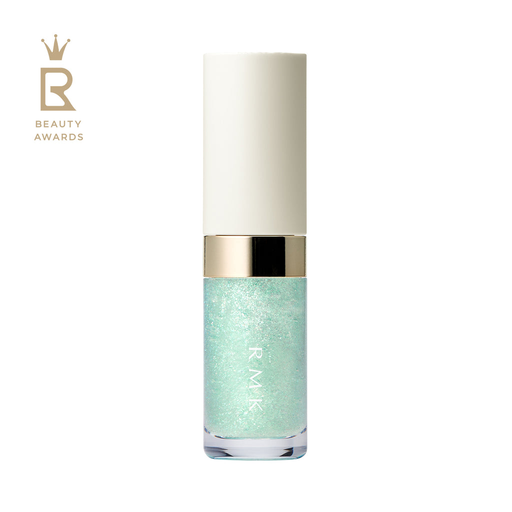 RMK Lip Luminizer 3.6g in lime green shade 06, featuring a white and gold cap and a clear tube showcasing the prismatic gloss.