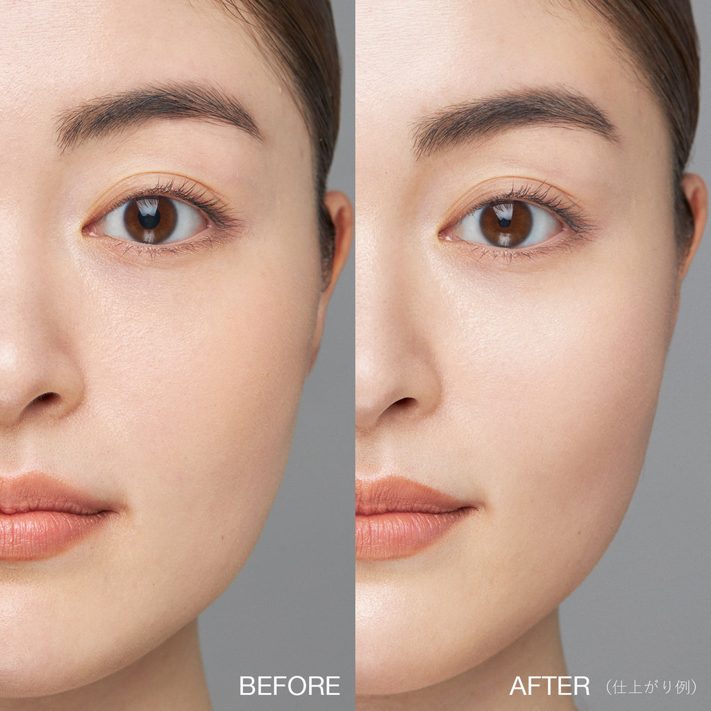 Before and after application of RMK Shade & Glow Palette, demonstrating a natural, radiant complexion with enhanced facial definition.
