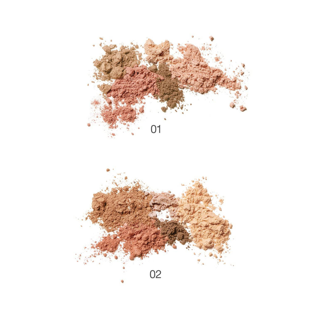 Comparison of RMK Shade & Glow Palette shades 01 and 02 in crushed powder form, showcasing cool and warm undertones.