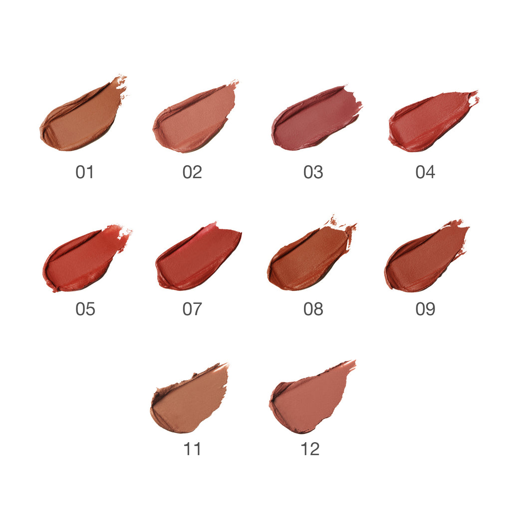 Swatches of RMK The Matte Lip Color 4g shades 01 to 12, showcasing a range of nude, pink, red, and brown tones with a matte finish.