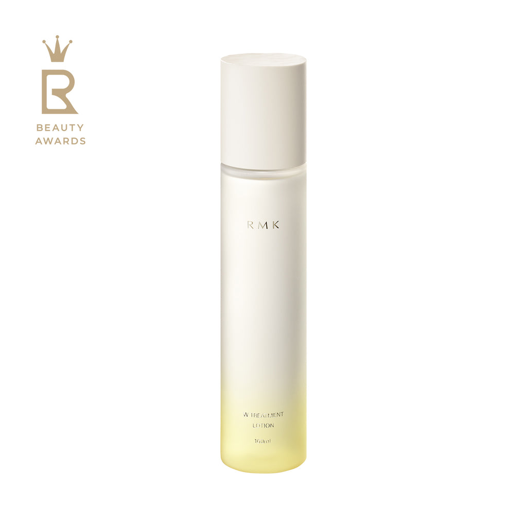 RMK W Treatment Lotion 160ml in a sleek white and yellow gradient bottle, featured with a Beauty Awards logo. Ideal for skincare routines.