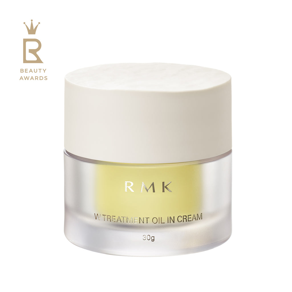 RMK W Treatment Oil in Cream 30g with a sleek frosted jar and white lid, ideal for deep hydration and skincare, featured in RMK Tokyo Beauty Box.