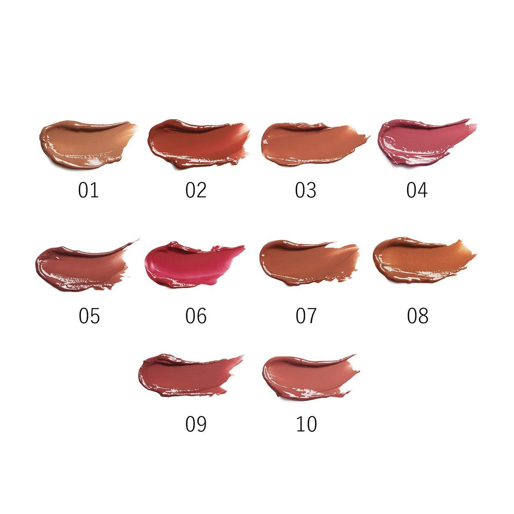 Swatches of RMK Dewy Melt Lip Color shades 01 to 10, showcasing the glossy finishes and diverse color range.