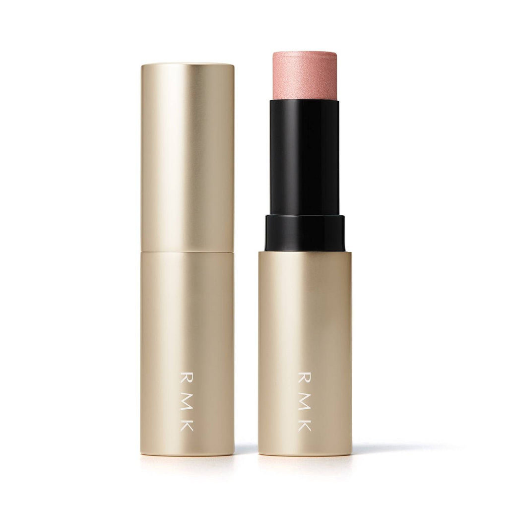 RMK Radiant Color Stick 6.4g in shade 02 Polar Ruby with gold casing, offering a frosty pink rose hue for blush and highlight.