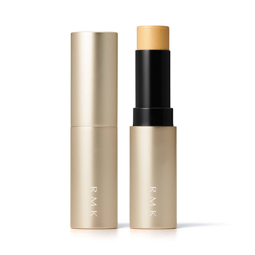 RMK Radiant Color Stick 6.4g in shade 03 Honeydew Gold with gold casing, featuring a cool-toned yellow shimmer for face makeup.