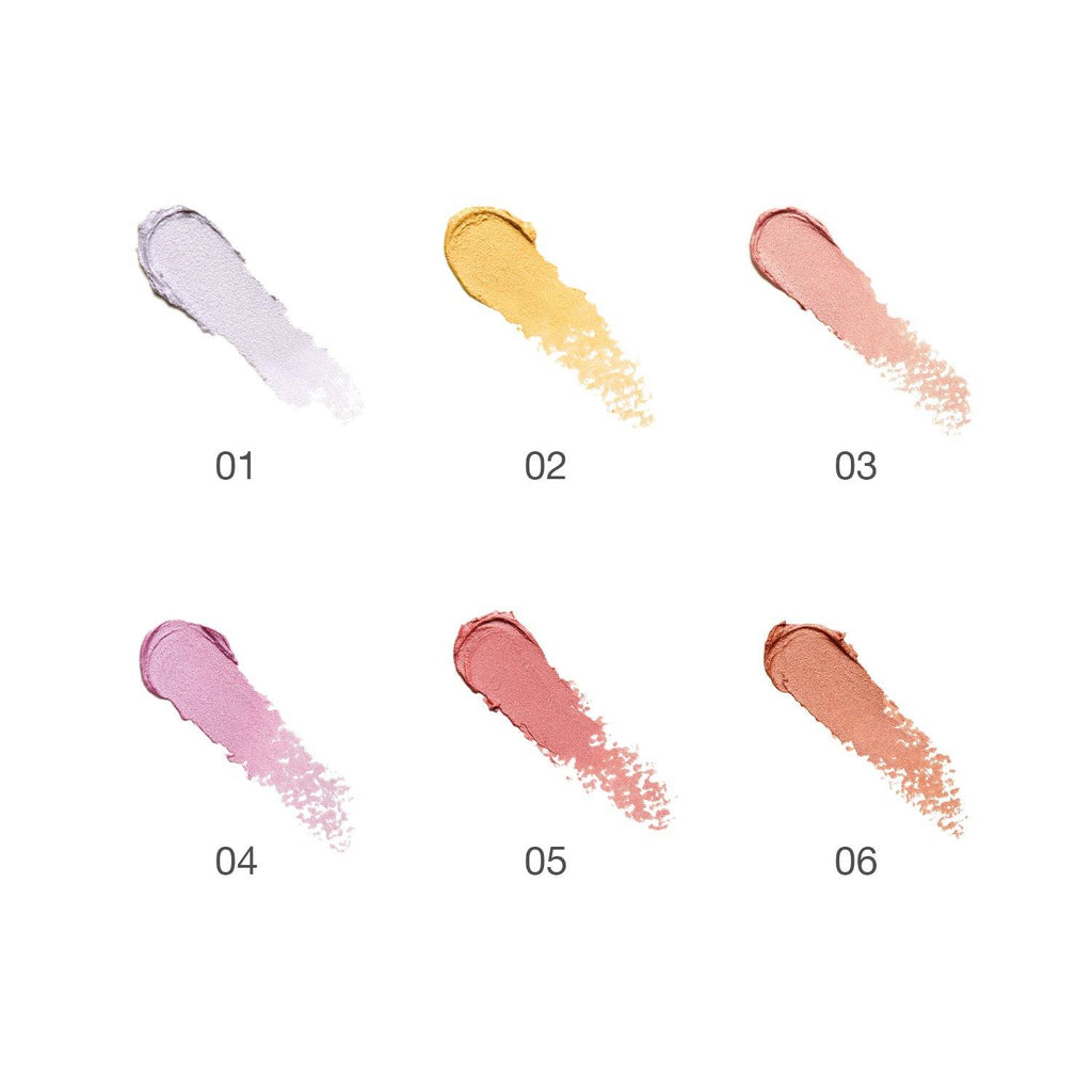 Swatches of RMK Radiant Color Stick 6.4g in six shades, including lilac, yellow, pink, and bronze tones for versatile face makeup.