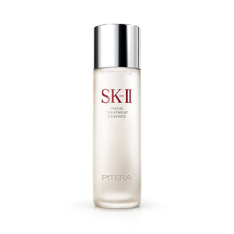 SK-II Facial Treatment Essence with a clear bottle and silver cap, designed to enhance skin clarity and moisture with Pitera™.