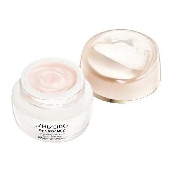 Open Shiseido Benefiance Brightening Gel Cream jar revealing a soft pink gel texture. This 50g anti-aging cream deeply hydrates and smooths fine lines.