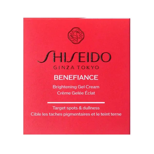Shiseido Benefiance Brightening Gel Cream packaging in bold red with product details. Designed to target dark spots and dullness for radiant skin.