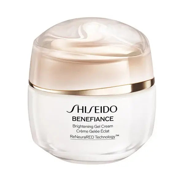 Shiseido Benefiance Brightening Gel Cream in a 50g jar with a gold-accented lid. This anti-aging moisturizer hydrates and reduces fine wrinkles for youthful skin.