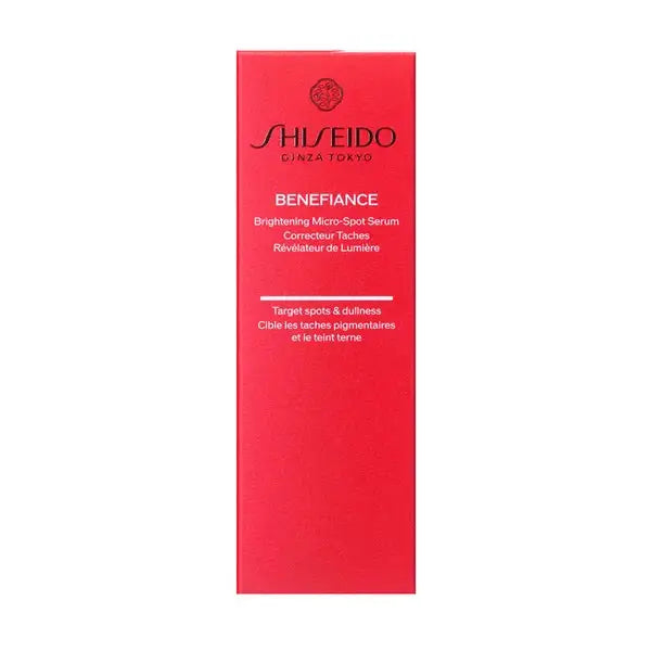 Shiseido Benefiance Brightening Micro-Spot Serum packaging in a bold red box. Designed to reduce dark spots and dullness for a youthful glow.