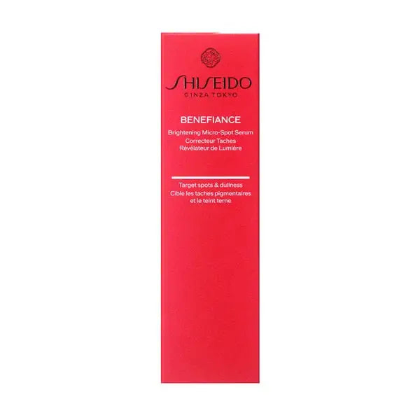 Shiseido Benefiance Brightening Micro-Spot Serum in its signature red packaging. Formulated to target pigmentation and enhance skin brightness.