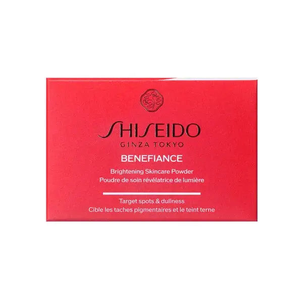Shiseido Benefiance Brightening Skin Care Powder in a red packaging box. Designed to target spots and dullness for a luminous complexion.