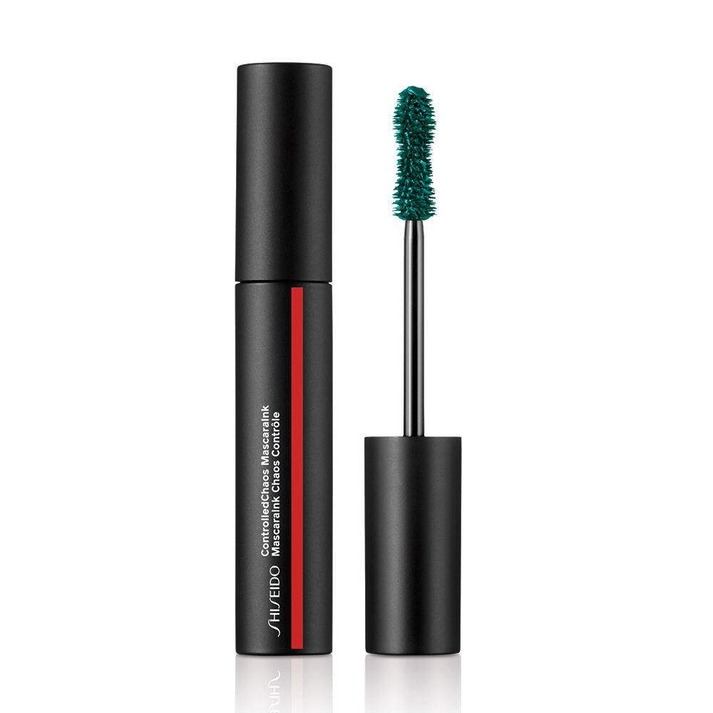Shiseido Control Chaos Mascara Ink in green with open tube and brush for bold, colorful lash definition and volume.