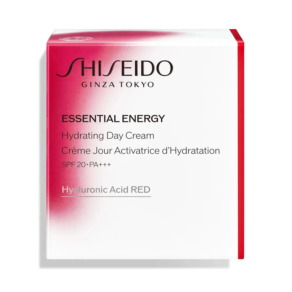 Shiseido Essential Energy Hydrating Day Cream packaging box with product details, featuring SPF20 and Hyaluronic Acid RED.