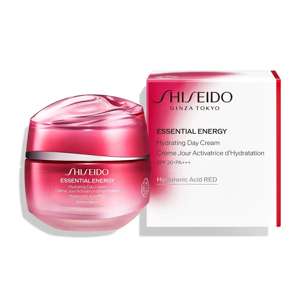 Shiseido Essential Energy Hydrating Day Cream jar and packaging box displayed together, emphasizing hydration and SPF20 protection.