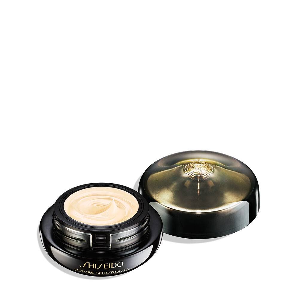 Shiseido Future Solution LX Eye and Lip Contour R Cream 17g with the lid removed, revealing the cream's rich texture in a premium black and gold container.
