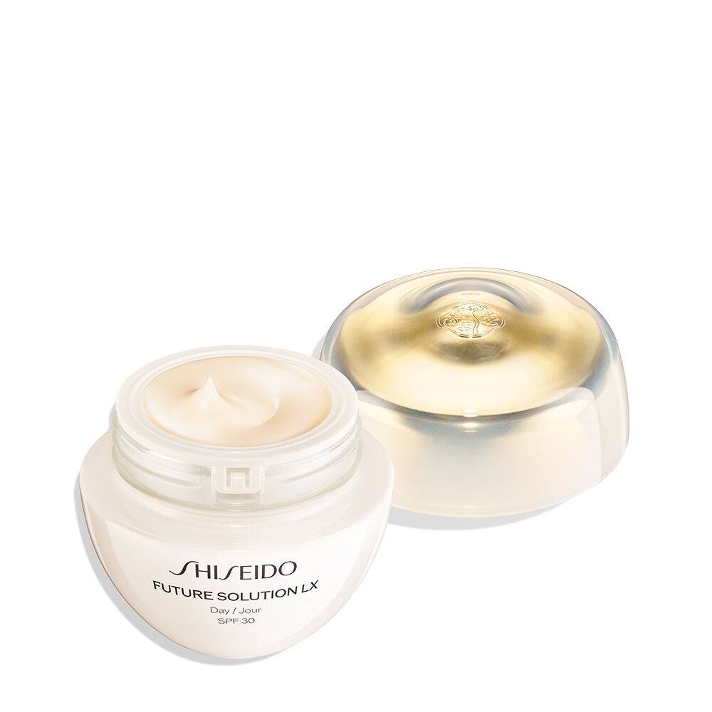 Shiseido Future Solution LX Protective Cream jar with the lid off, revealing the rich cream inside, designed for SPF30 protection and skin nourishment.