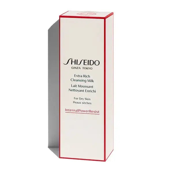 Shiseido Extra Rich Cleansing Milk packaging box. Skincare cleanser for dry skin, offering hydration and gentle cleansing in a 125ml size.