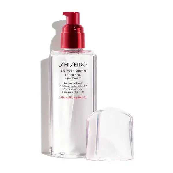 Shiseido Treatment Softener 150ml bottle with red pump and removable cap, ideal for normal to oily skin, promoting hydration and clarity.
