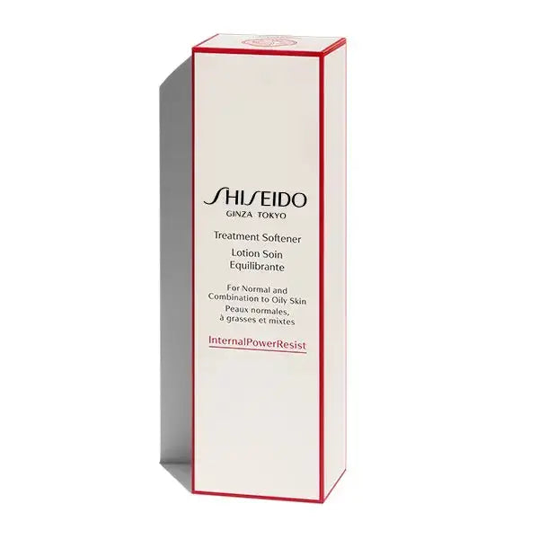 Shiseido Treatment Softener packaging box with red accents, detailing product benefits for normal to oily skin and InternalPowerResist formula.