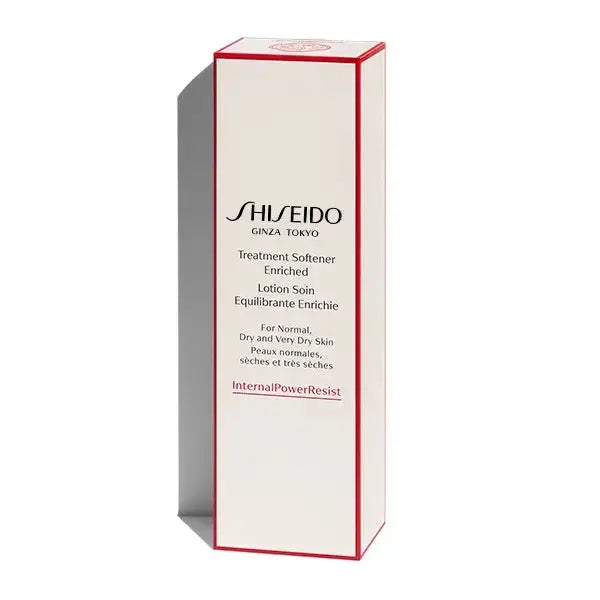 Shiseido Treatment Softener Enriched packaging box with red accents, highlighting benefits for normal to very dry skin and anti-aging properties.