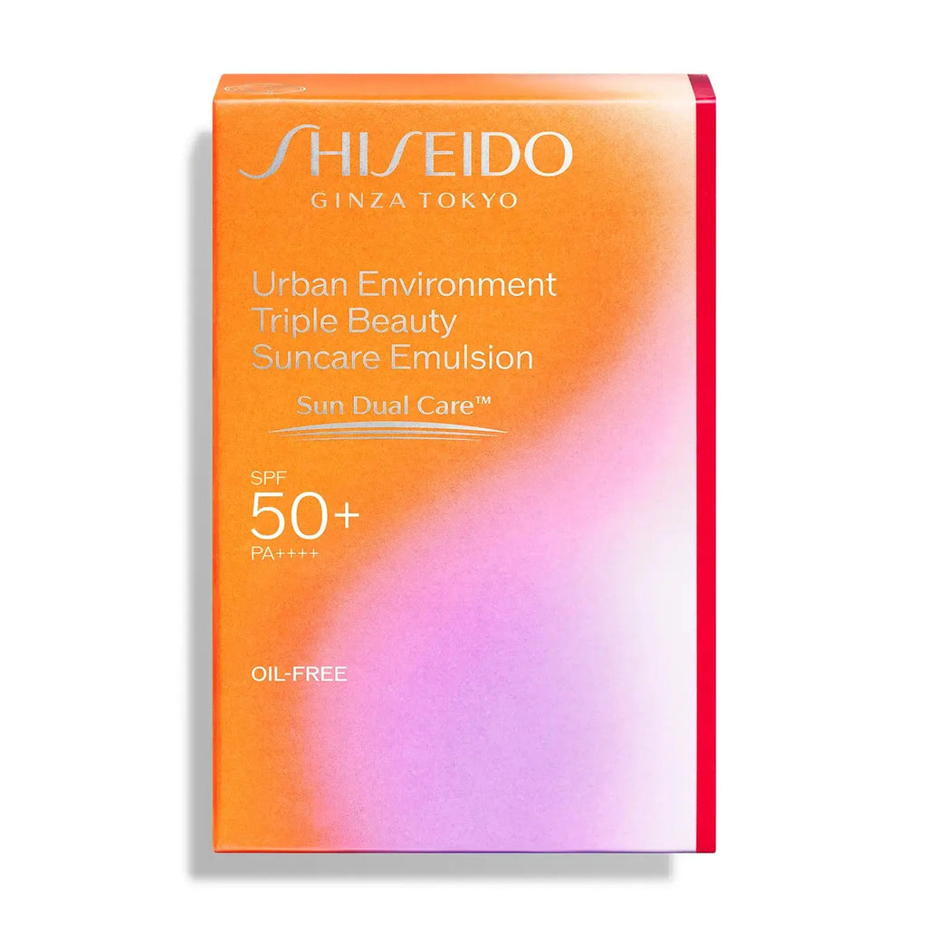 Shiseido Urban Triple Beauty Suncare Emulsion packaging box in gradient orange and pink design, featuring SPF 50+ PA++++ and oil-free formula.