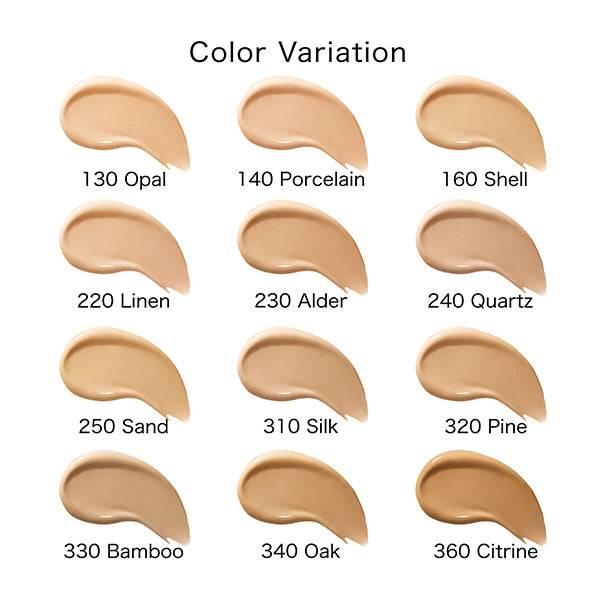 Color variation chart for Shiseido Synchro Skin Radiant Lifting Foundation, showcasing shades from 130 Opal to 360 Citrine for diverse skin tones.