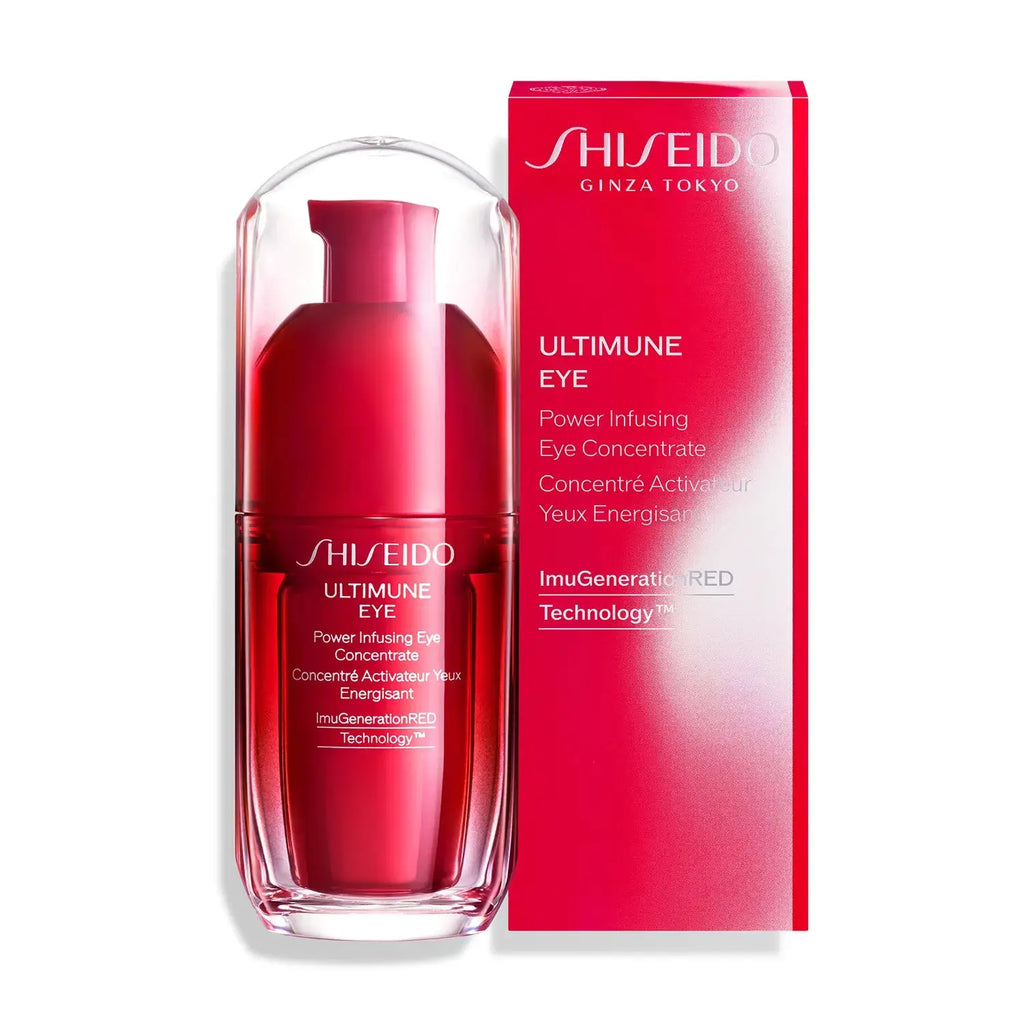 Shiseido Ultimune Eye Serum bottle displayed with its packaging box, emphasizing its advanced skincare benefits for radiant eyes.