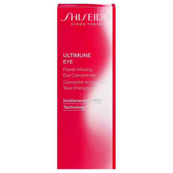 Shiseido Ultimune Eye Serum packaging box in vibrant red, featuring ImuGenerationRED Technology for enhanced eye beauty and hydration.