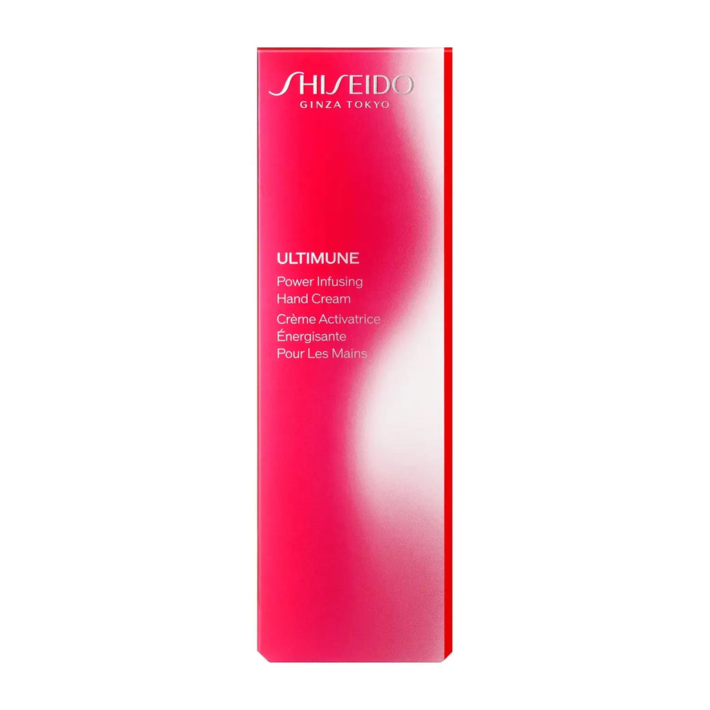 Shiseido Ultimune Hand Cream packaging in a vibrant pink box, highlighting its premium hand care and skin moisturizing benefits.