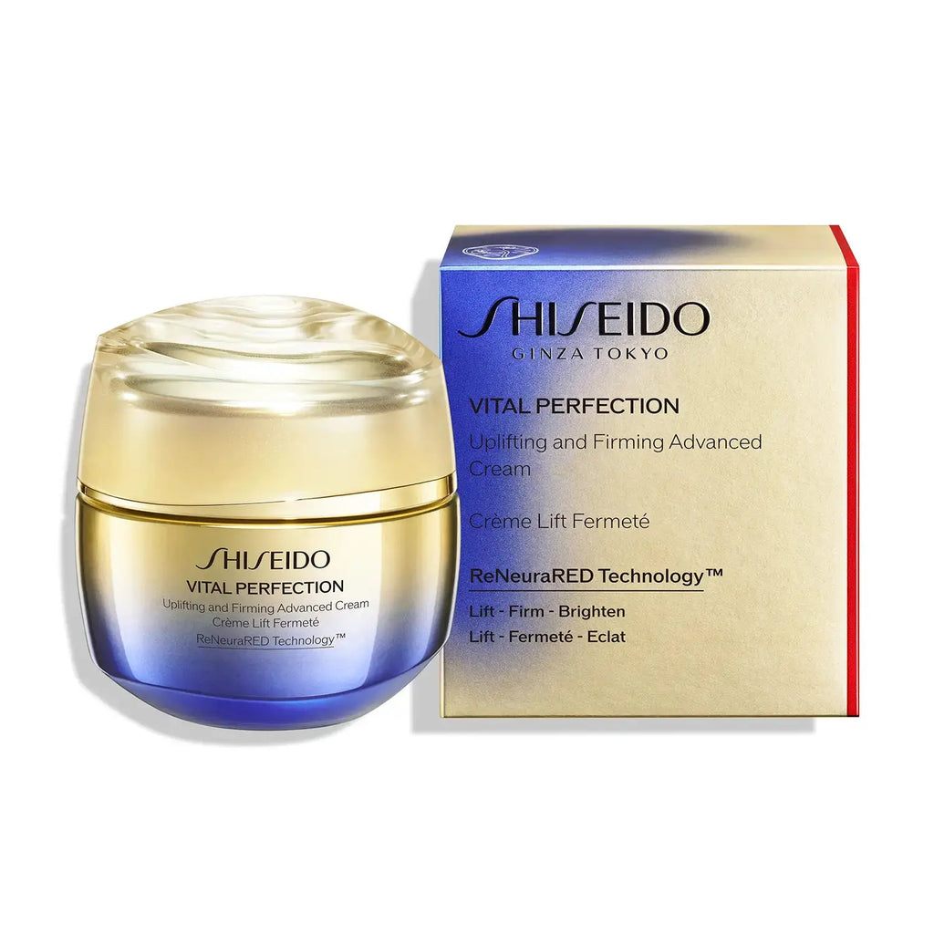 Shiseido Vital Perfection Uplifting and Firming Cream 50g jar with its packaging box, highlighting ReNeuraRED Technology.