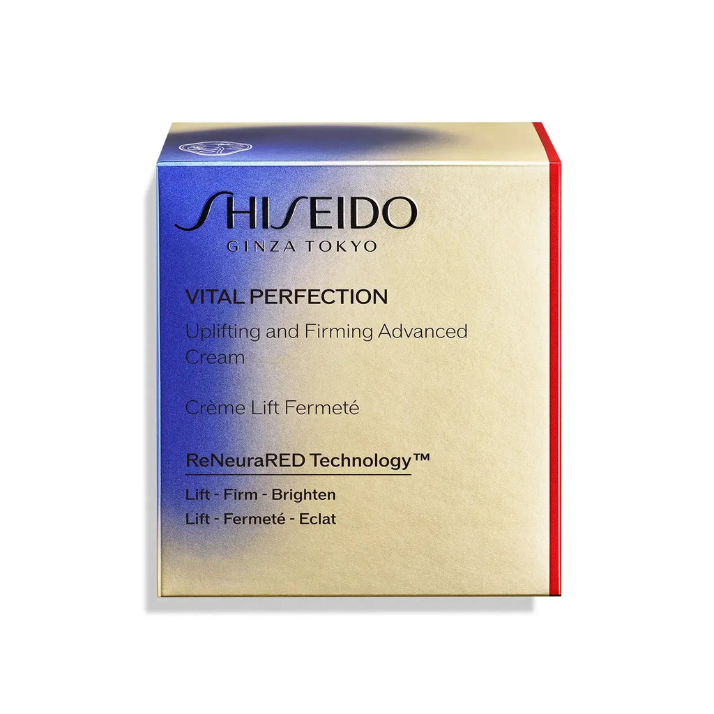 Shiseido Vital Perfection Uplifting and Firming Cream 50g packaging box with product details and ReNeuraRED Technology branding.