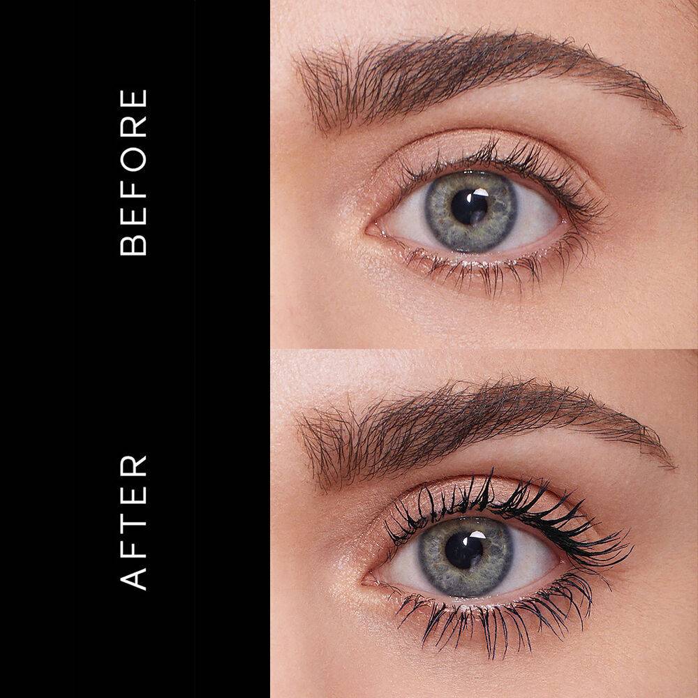 Before and after comparison of lashes using Shiseido Control Chaos Mascara Ink in black, highlighting enhanced volume and separation.