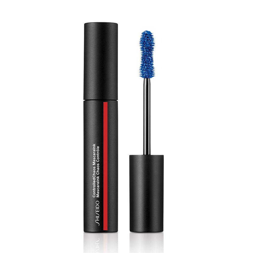 Shiseido Control Chaos Mascara Ink in blue with open tube and brush designed for vibrant, bold lash color and definition.
