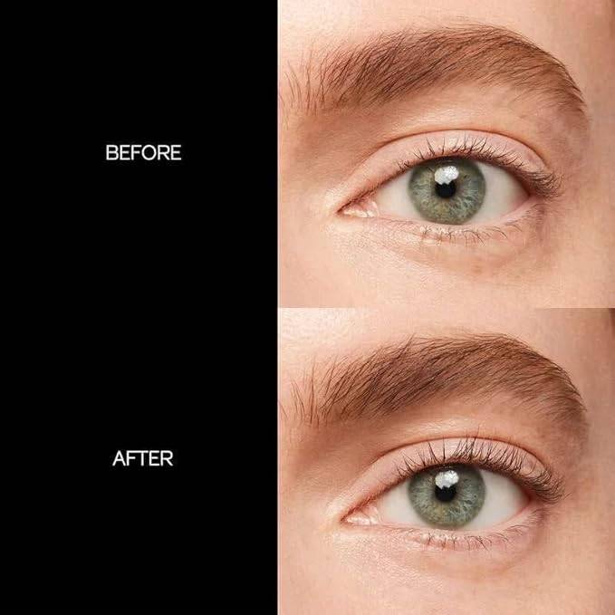Before and after comparison of eyelashes using Shiseido Eyelash Curler 213, showing enhanced curl and definition.