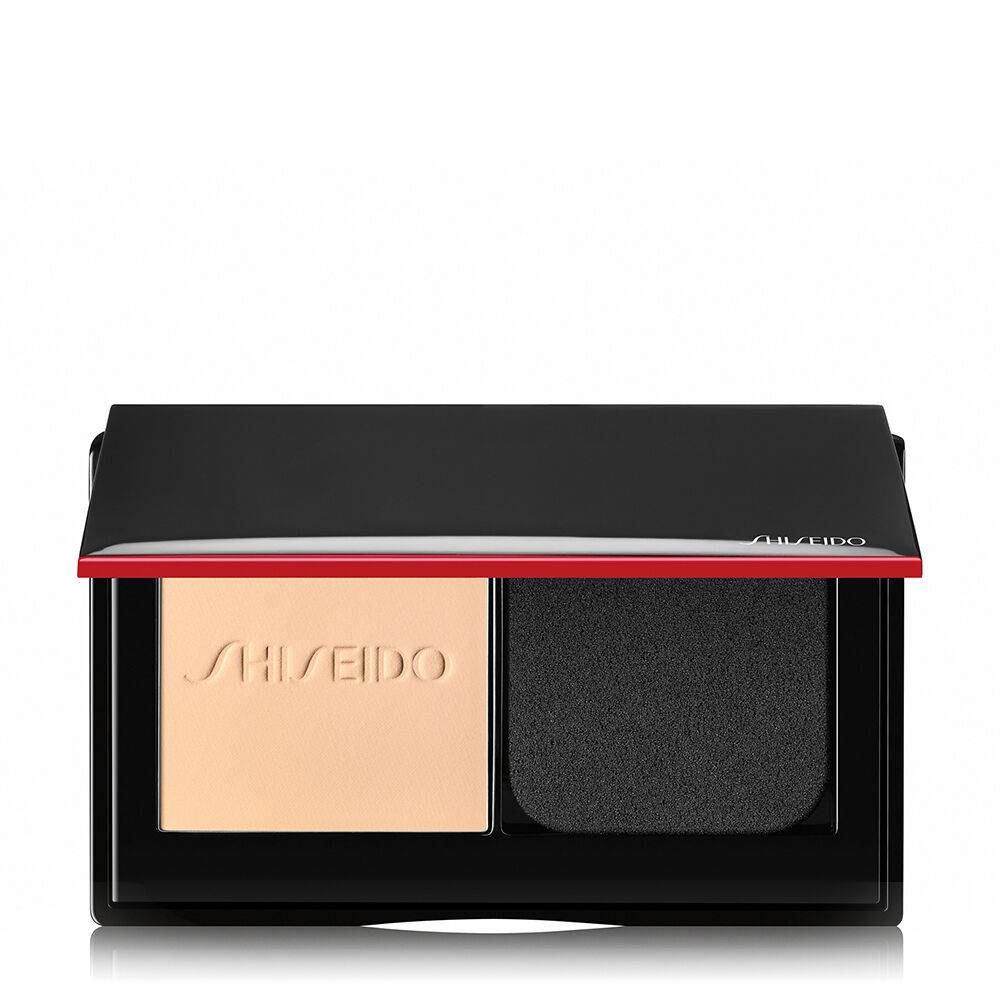 Shiseido Synchro Skin Self-Refreshing Custom Finish Powder Foundation in a sleek black compact with a sponge applicator, offering SPF35 protection.