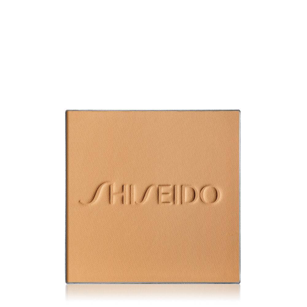 Shiseido Synchro Skin Self-Refreshing Powder Foundation refill in a tan beige shade, featuring the Shiseido logo.