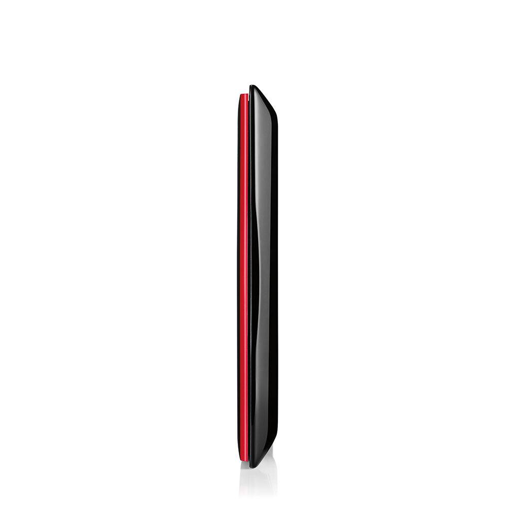Side view of the Shiseido Synchro Skin compact case, showcasing its slim and modern design with a red accent.